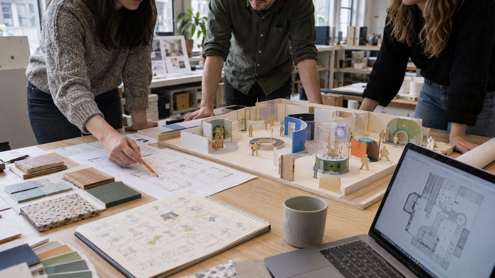 Designers reviewing an exhibition model, floor plans and material samples AI concept illustration — Designers reviewing an exhibition model, floor plans and material samples