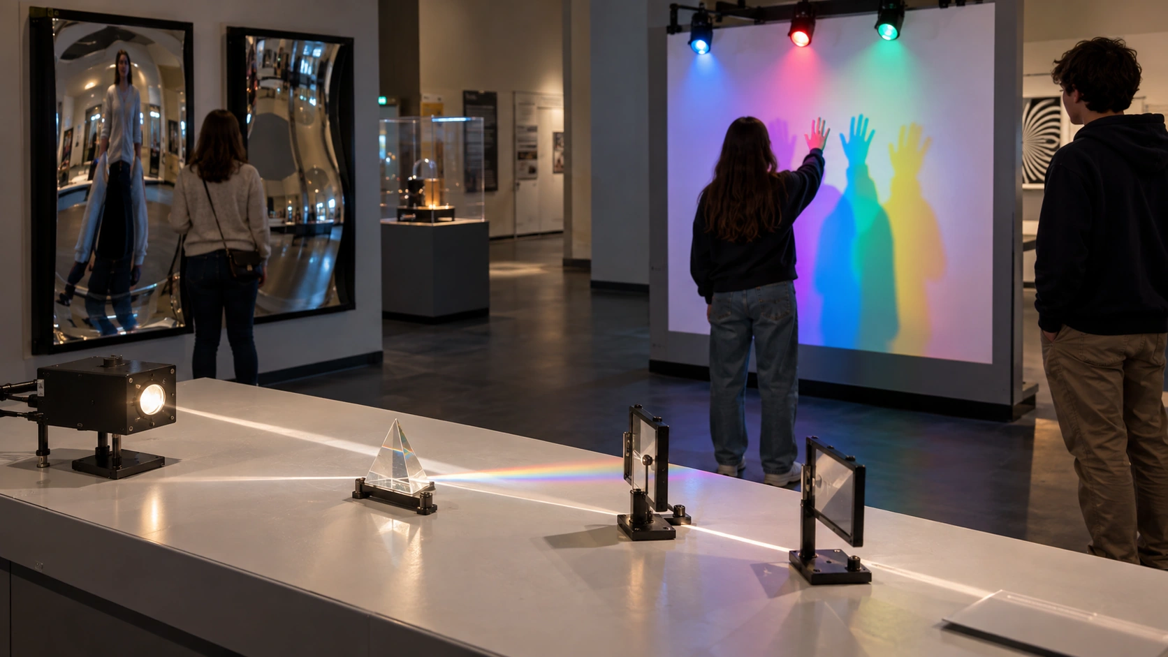 Optics exhibits with a prism, mirrors and overlapping colored shadows AI concept illustration — Optics exhibits with a prism, mirrors and overlapping colored shadows
