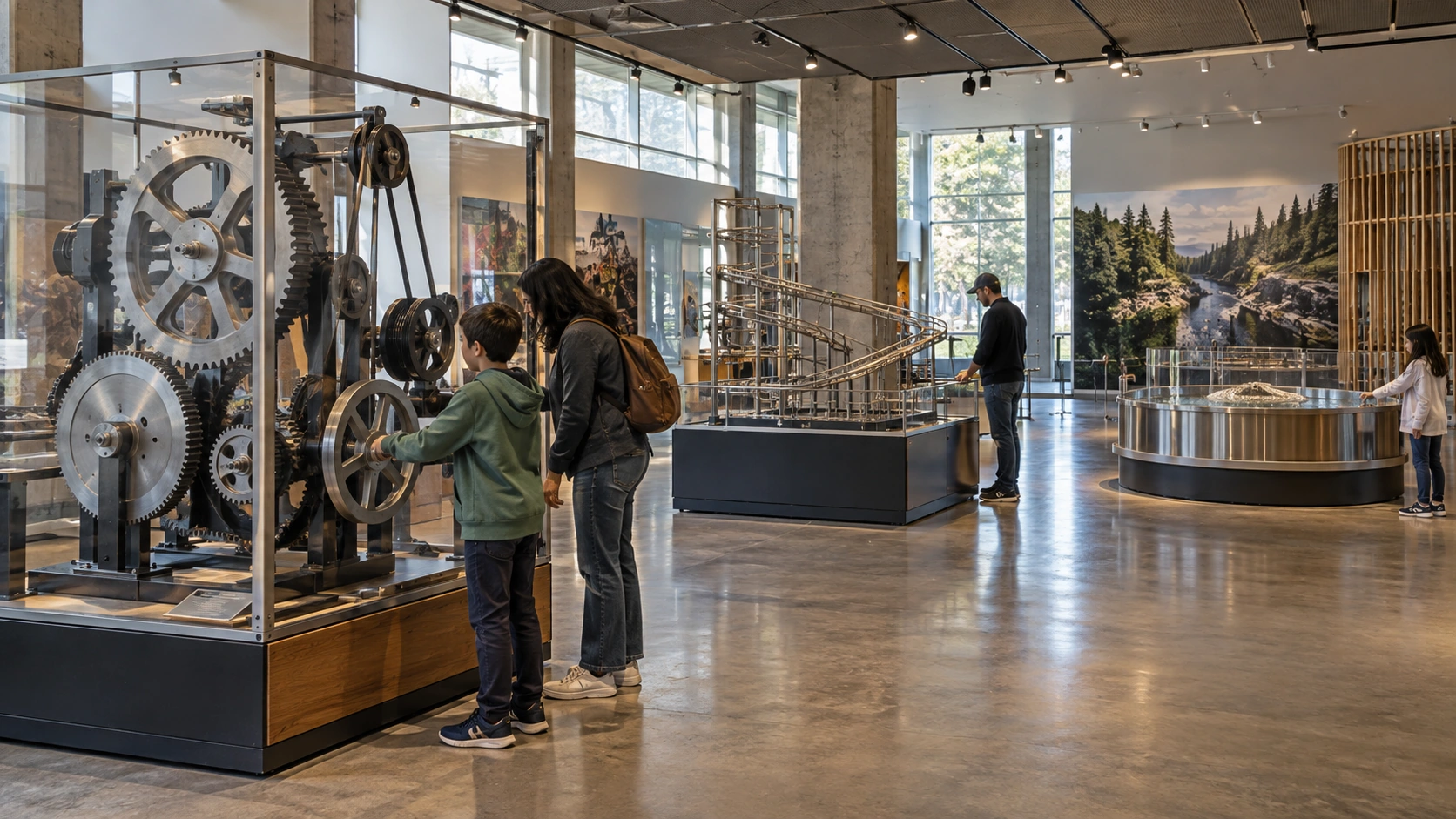 Science gallery with gear mechanisms, a rolling-ball track and wave exhibits AI concept illustration — Science gallery with gear mechanisms, a rolling-ball track and wave exhibits