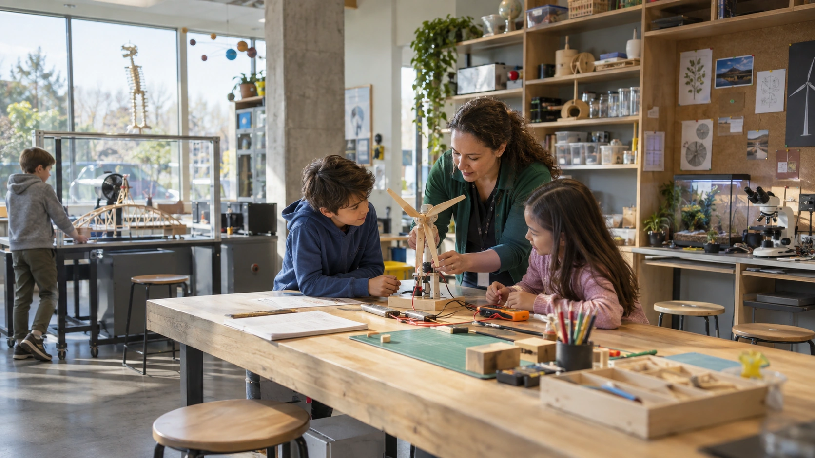 Children and an educator investigating a wind-powered model in a science learning space AI concept illustration — Children and an educator investigating a wind-powered model in a science learning space